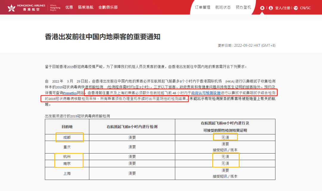 中转回国政策再放宽！由香港飞成都杭州南京无须48小时核酸阴性报告！